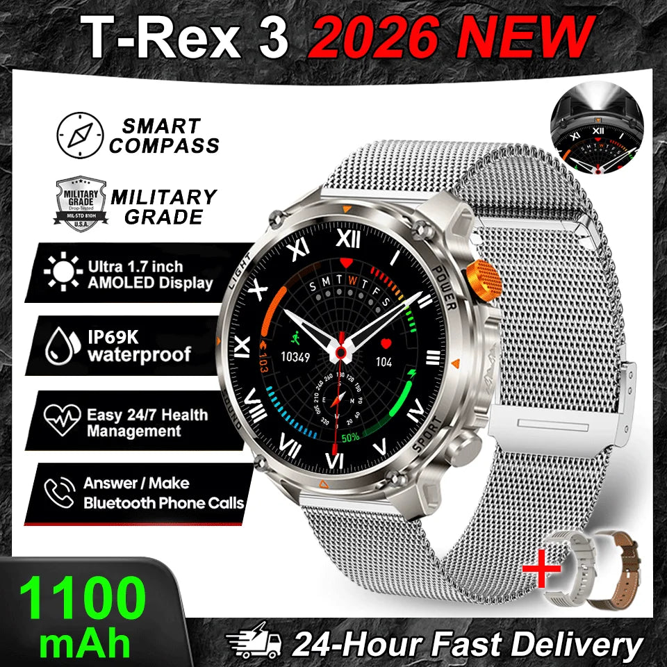 2026 New T-Rex3 Pro GPS Tracker 1100mAh Smartwatch Men 120-Day Standby Clock Rugged Outdoor Sport 10ATM Waterproof Call Watches