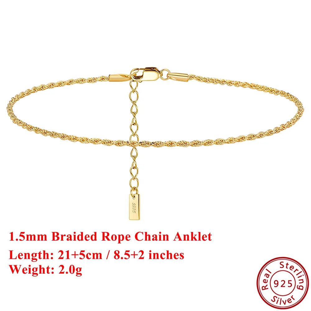EFFIE QUEEN 925 Pure Silver 14k Gold 1.5mm Braided Rope Chain Anklet Simple Jewelry for Women Summer Beach Banquet Party SA34