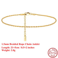 EFFIE QUEEN 925 Pure Silver 14k Gold 1.5mm Braided Rope Chain Anklet Simple Jewelry for Women Summer Beach Banquet Party SA34