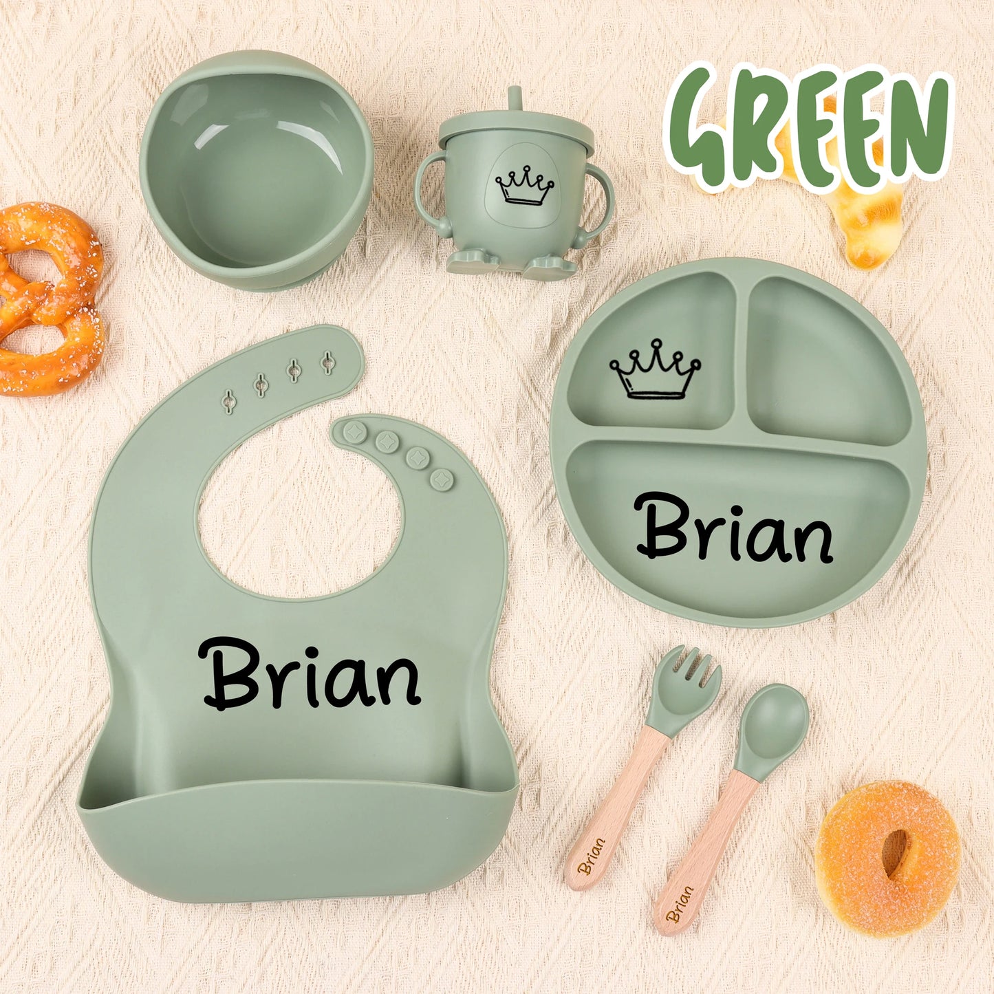 6pcs Custom Silicone Weaning Set - Baby Feeding Set With Name, Cartoon Weaning Set for Toddler Baby Kids, Feeding Set, Baby Show