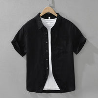 100% Linen Short Sleeve Shirt for Men Breathable Summer Casual Top Minimalist Loose Fit Button-Up Shirt  Natural Wrinkle Texture