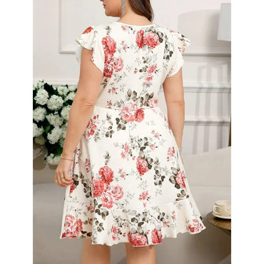 【New style】Plus Size Women Elegant Floral Print Peplum Hem Cap Sleeve Fitted Dress, Wedding Guest Dress Women, Summer Dresses F