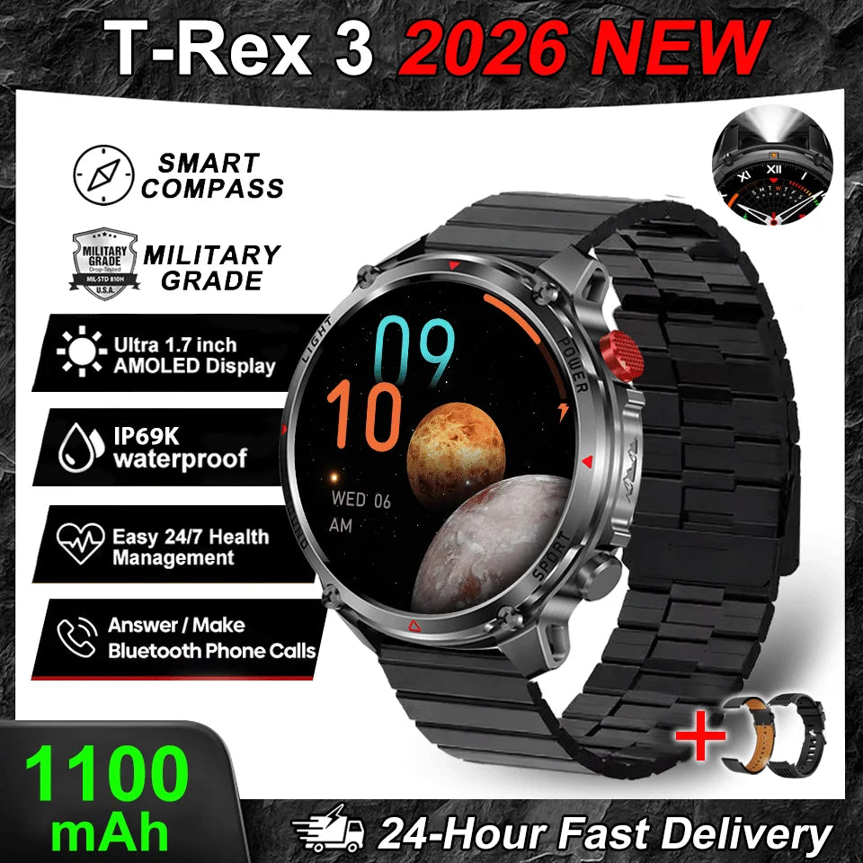 2026 New T-Rex3 Pro GPS Tracker 1100mAh Smartwatch Men 120-Day Standby Clock Rugged Outdoor Sport 10ATM Waterproof Call Watches