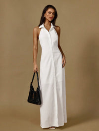 White Halter Neck Sleeveless Front Button Maxi Shirtdress Backless Casual Dress
