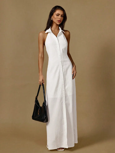 White Halter Neck Sleeveless Front Button Maxi Shirtdress Backless Casual Dress