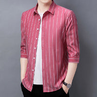 2026 Men's Striped Shirt Korean Style Slim Fit Seven Quarter Sleeve Top for Spring Summer Casual Wear Fashionable Youth Trendy