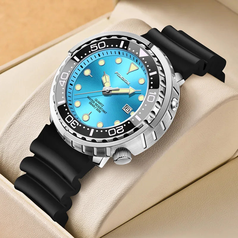 FOXBOX Mens Watches 5ATM Sports Waterproof Quartz Wristwatch Luminous Clock with Steel Bezel Watch for Men Male Clock+Watch Box