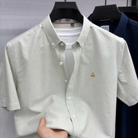 Summer Short Sleeve Shirt Men's Slim Fit Half Sleeve Non-ironing Oxford Spinning Gray-Blue Plaid Business Casual Shirt