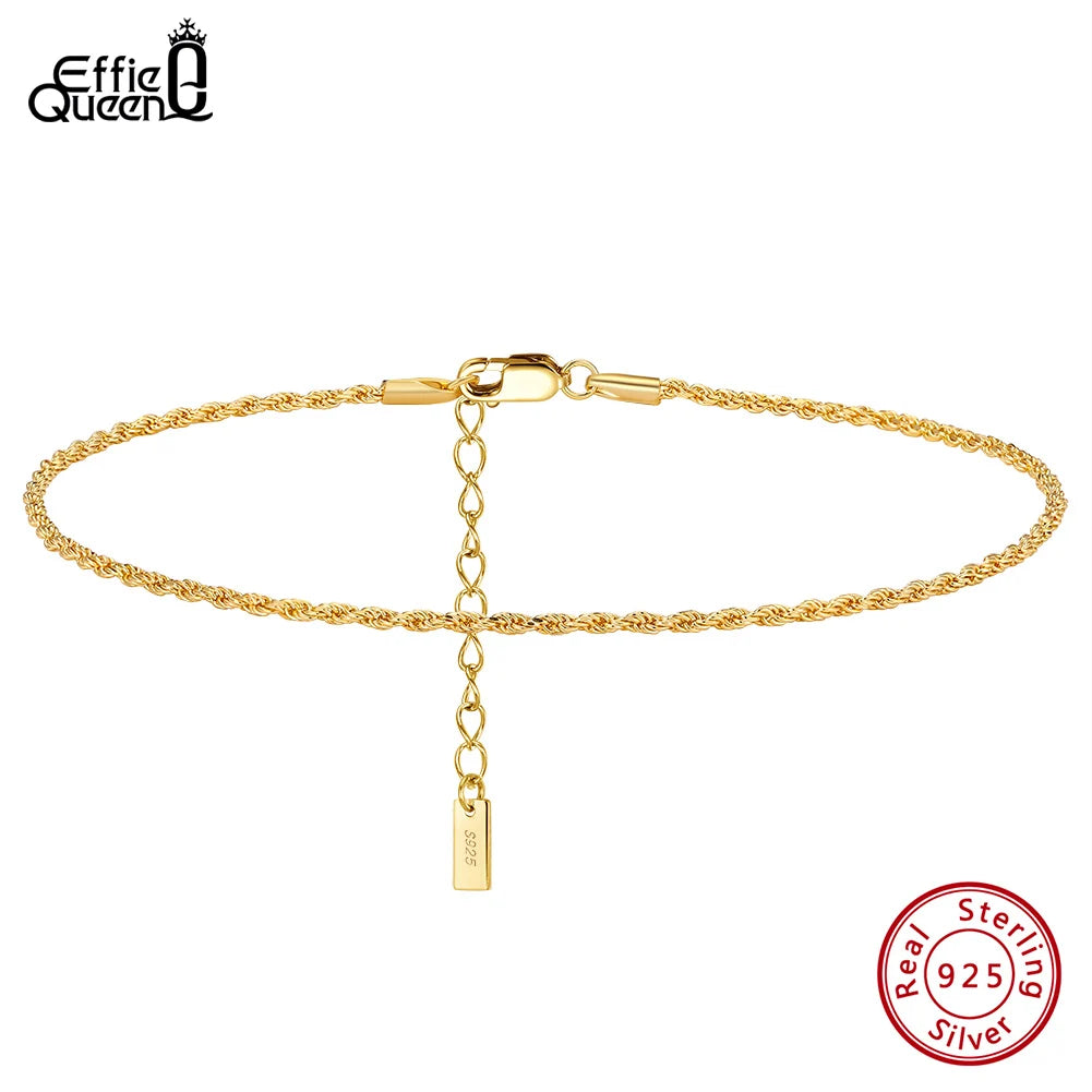 EFFIE QUEEN 925 Pure Silver 14k Gold 1.5mm Braided Rope Chain Anklet Simple Jewelry for Women Summer Beach Banquet Party SA34