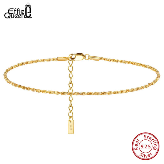 EFFIE QUEEN 925 Pure Silver 14k Gold 1.5mm Braided Rope Chain Anklet Simple Jewelry for Women Summer Beach Banquet Party SA34