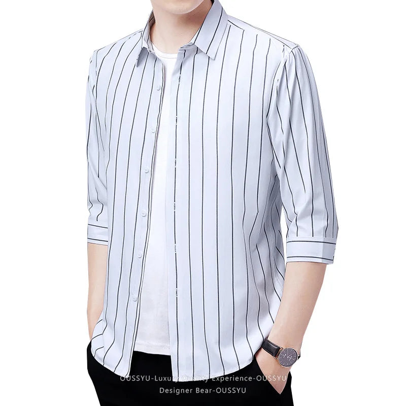 2026 Men's Striped Shirt Korean Style Slim Fit Seven Quarter Sleeve Top for Spring Summer Casual Wear Fashionable Youth Trendy