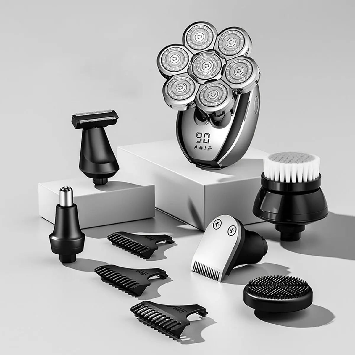 6-In-1 Electric Head Shaver for Bald Men 7 Blades Floating Razor Hair Trimmer USB Rechargeable LED Display Beard Shavers