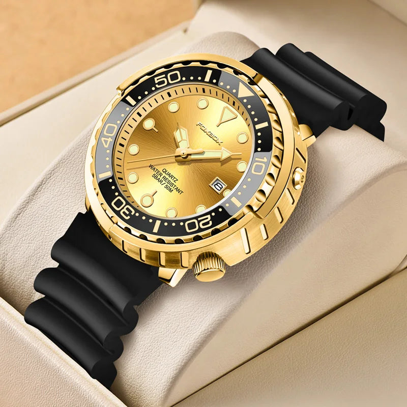 FOXBOX Mens Watches 5ATM Sports Waterproof Quartz Wristwatch Luminous Clock with Steel Bezel Watch for Men Male Clock+Watch Box