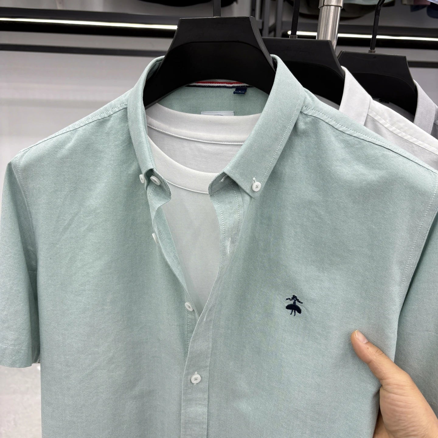 Summer Short Sleeve Shirt Men's Slim Fit Half Sleeve Non-ironing Oxford Spinning Gray-Blue Plaid Business Casual Shirt