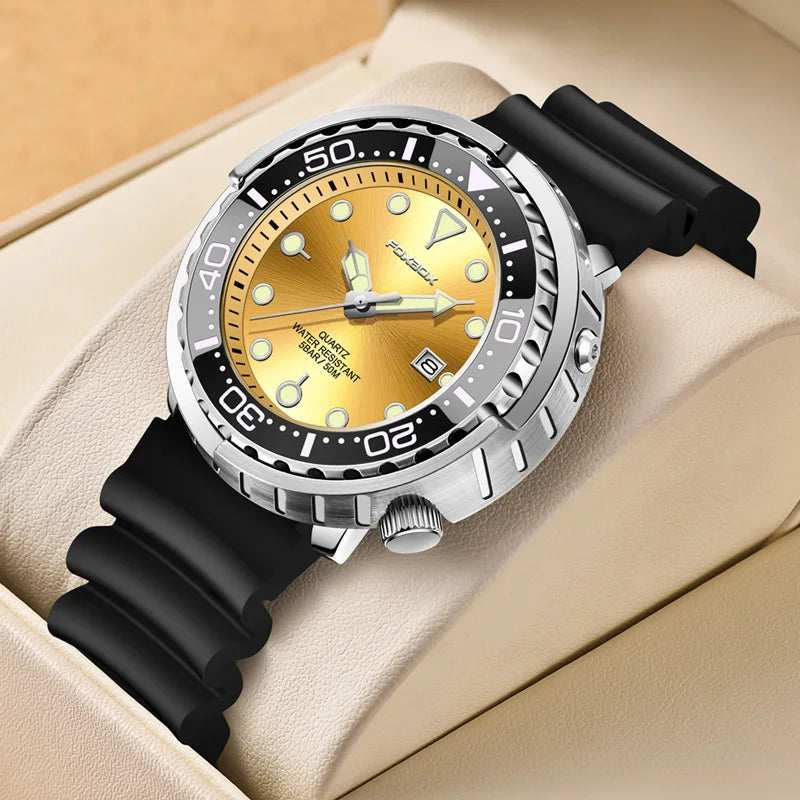 FOXBOX Mens Watches 5ATM Sports Waterproof Quartz Wristwatch Luminous Clock with Steel Bezel Watch for Men Male Clock+Watch Box