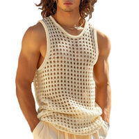 Men s Breathable Sleeveless Tank Tops Fashionable Hollow Out Crew Neck Casual Solid Cool Stylish T-Shirt for Summer