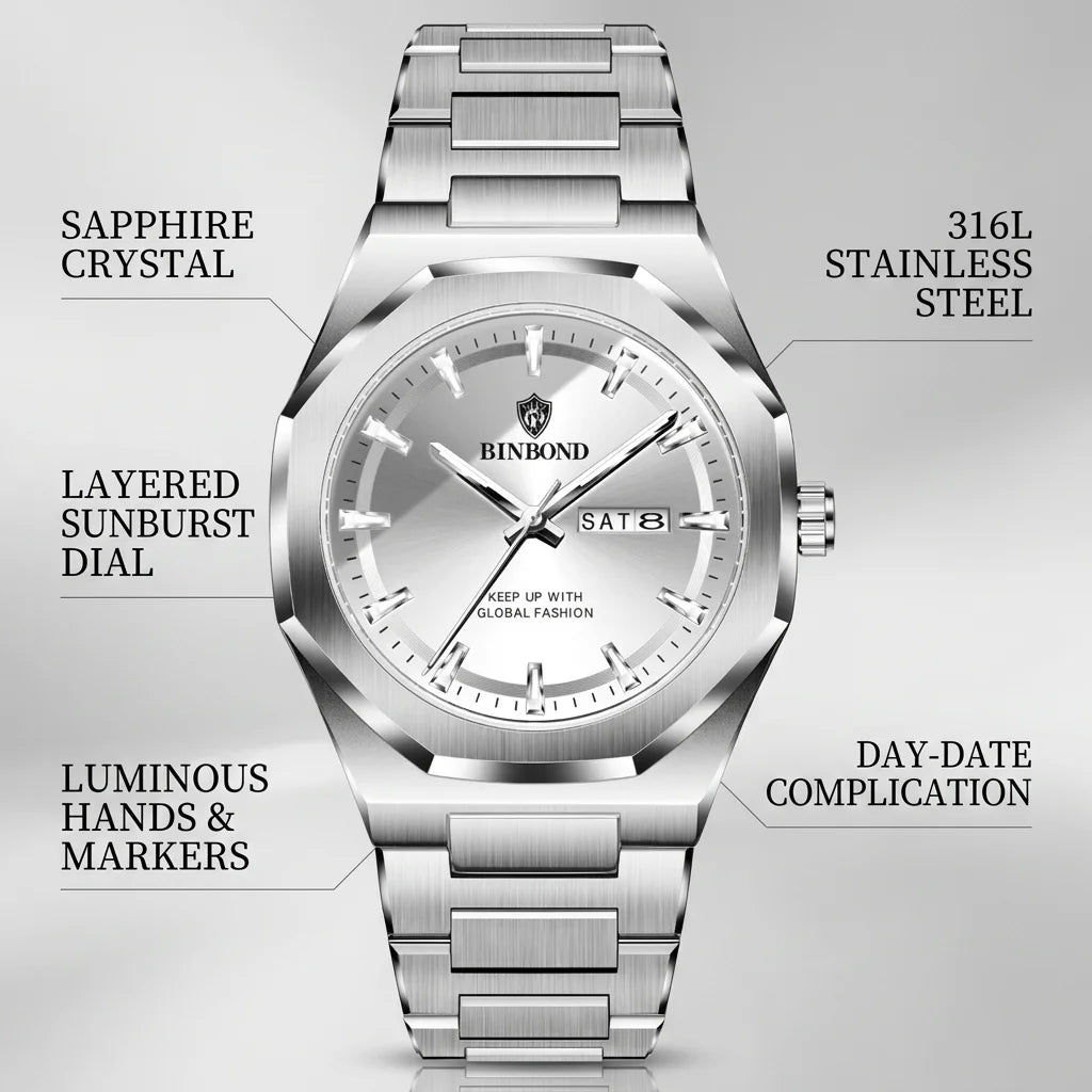 1 piece Men's Silver Metal Strap Watch Octagonal Case Date Week Display Casual Business Fashion Wristwatch For Daily Wea