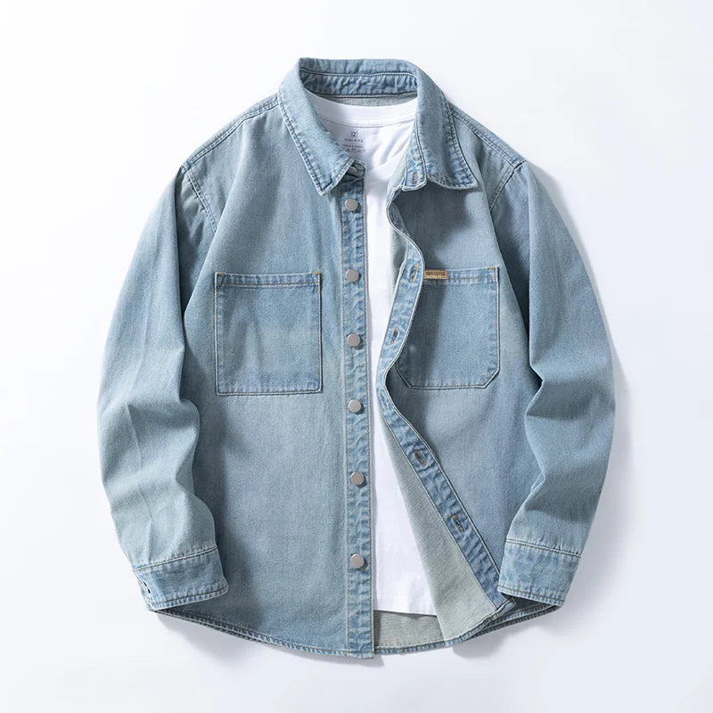 Vintage American-style men's versatile thin non-stretch denim loose-fitting shirt
