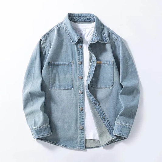 Vintage American-style men's versatile thin non-stretch denim loose-fitting shirt