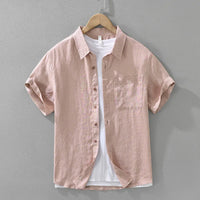100% Linen Short Sleeve Shirt for Men Breathable Summer Casual Top Minimalist Loose Fit Button-Up Shirt  Natural Wrinkle Texture