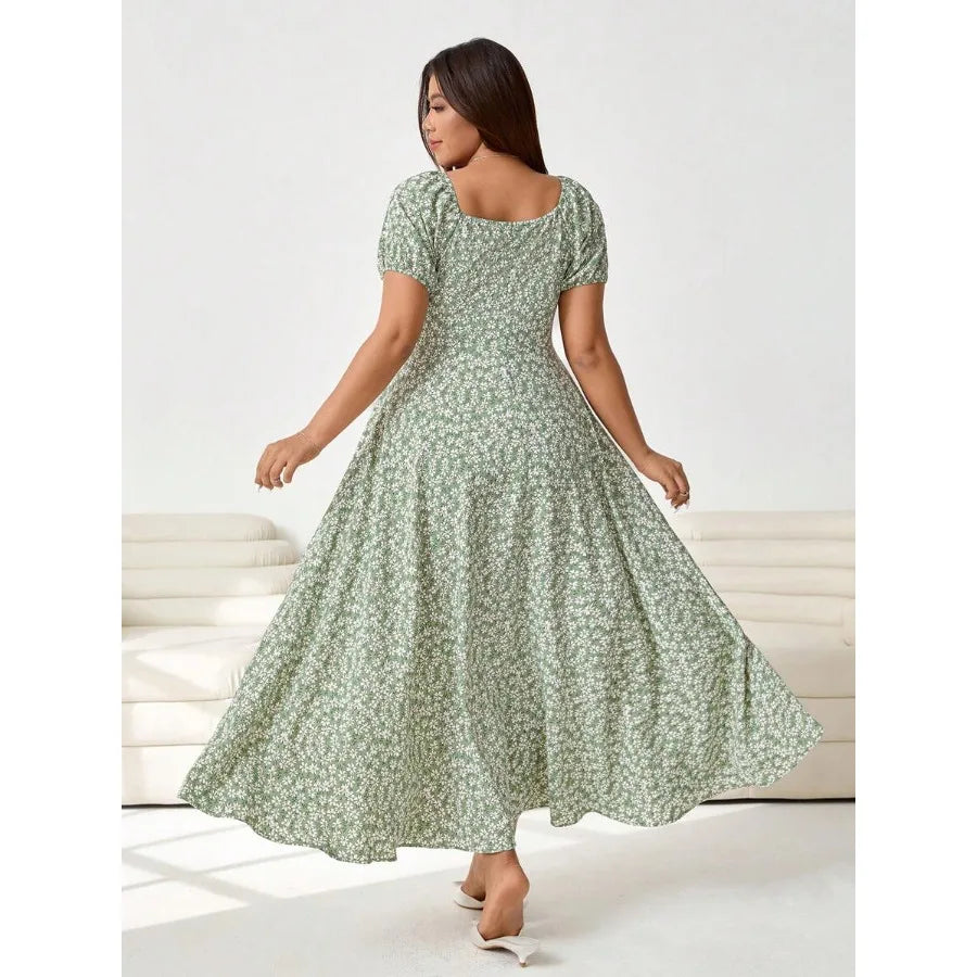 【New style】Plus Size Women's Daisy Print Square Neck Puff Sleeve Tie Front Fashion Dress, Spring/Summer, Carnival Women Look 20