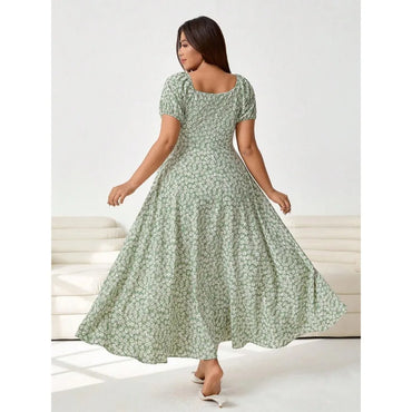 【New style】Plus Size Women's Daisy Print Square Neck Puff Sleeve Tie Front Fashion Dress, Spring/Summer, Carnival Women Look 20