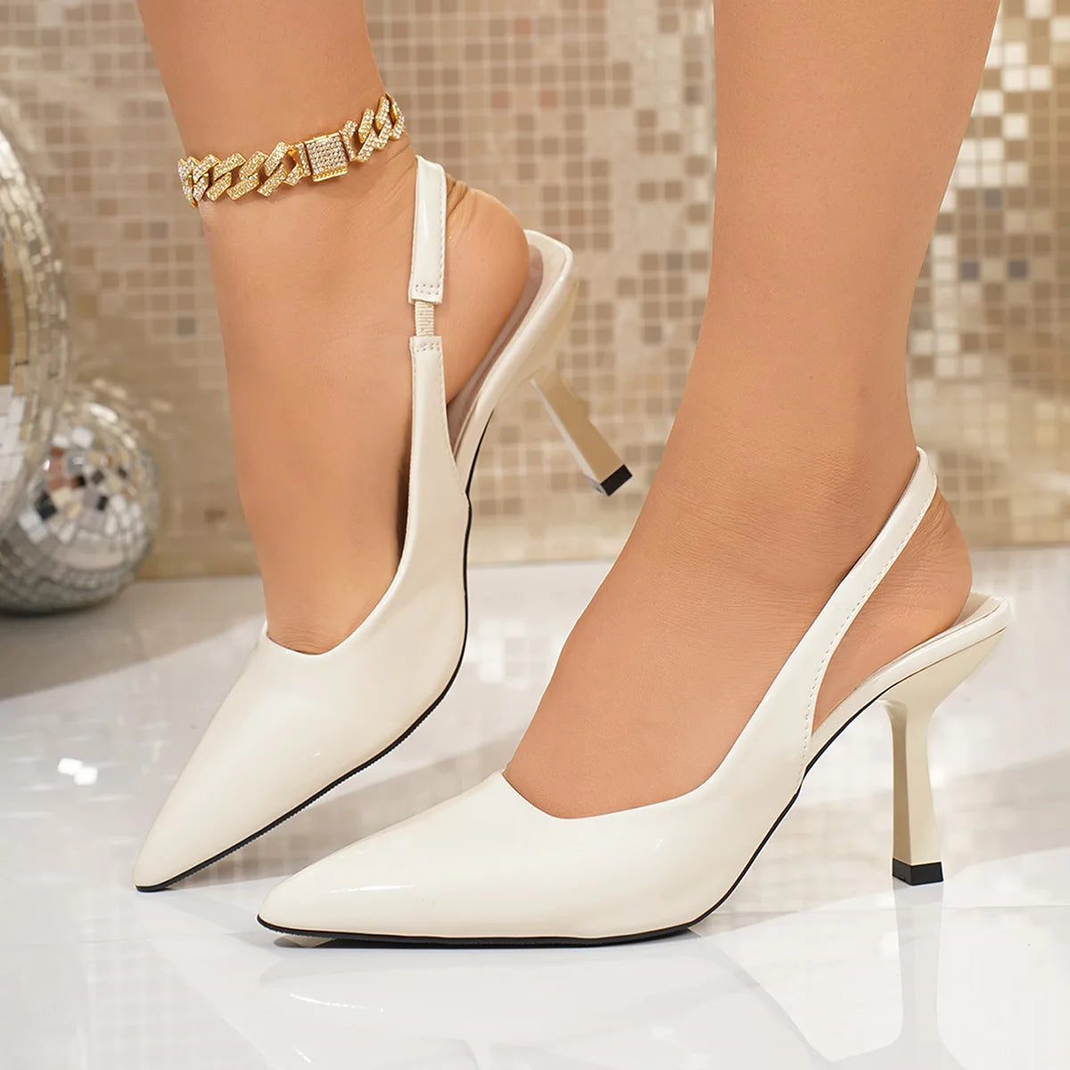 Women's White Slingback Heels, Pointed Toe Stiletto Pumps, Elegant Closed Toe Sandals for Party Wedding