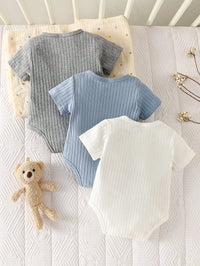 threePiece Summer Newborn Baby Boy Set White, Blue, Gray Short-Sleeve Cardigan Rompers with Bear Embroidery Comfortable Fabric