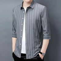 2026 Men's Striped Shirt Korean Style Slim Fit Seven Quarter Sleeve Top for Spring Summer Casual Wear Fashionable Youth Trendy