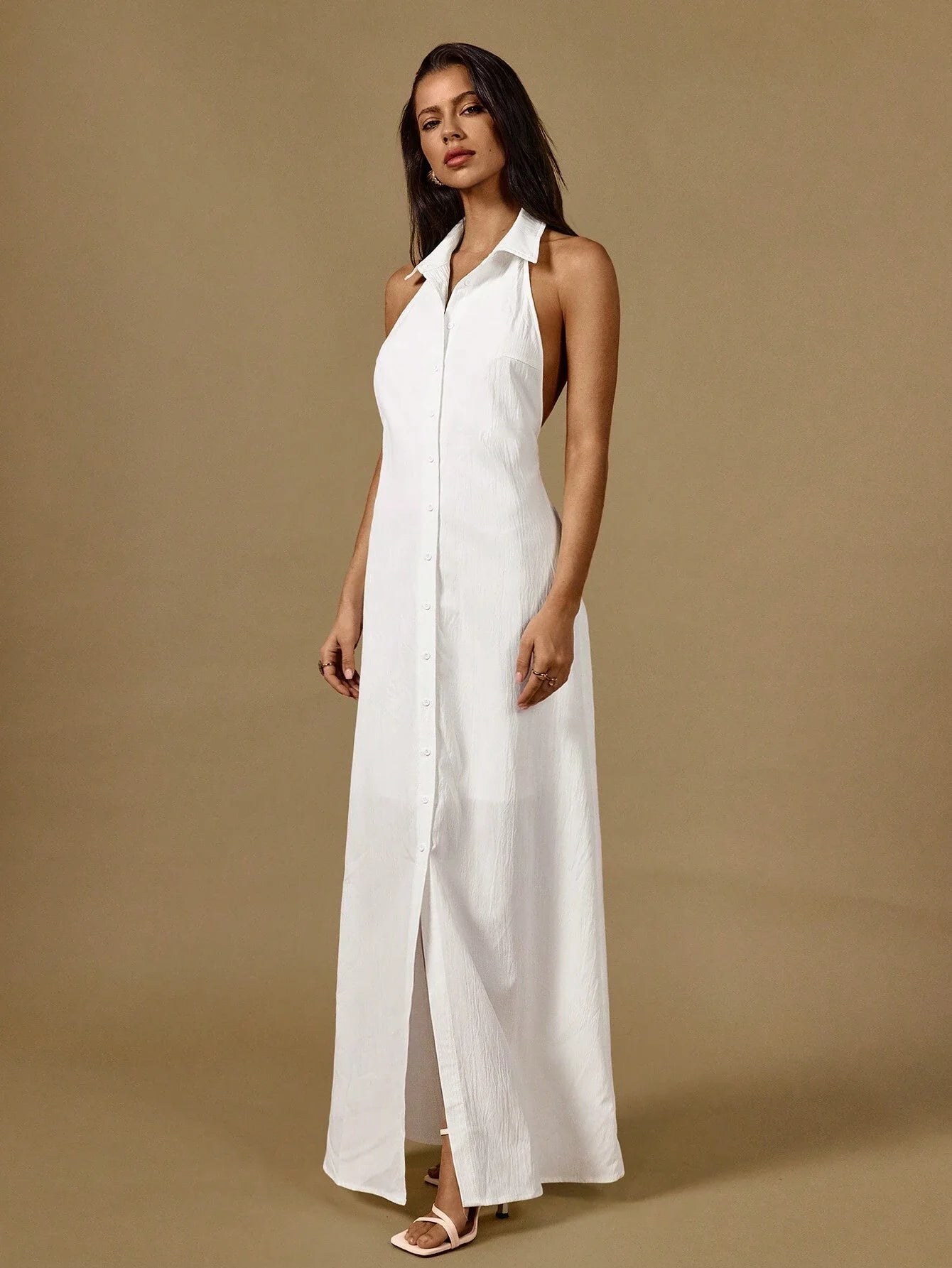 White Halter Neck Sleeveless Front Button Maxi Shirtdress Backless Casual Dress