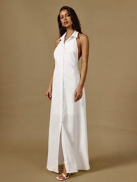 White Halter Neck Sleeveless Front Button Maxi Shirtdress Backless Casual Dress
