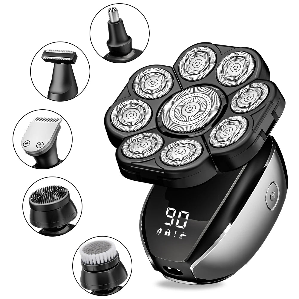 6-In-1 Electric Head Shaver for Bald Men 7 Blades Floating Razor Hair Trimmer USB Rechargeable LED Display Beard Shavers
