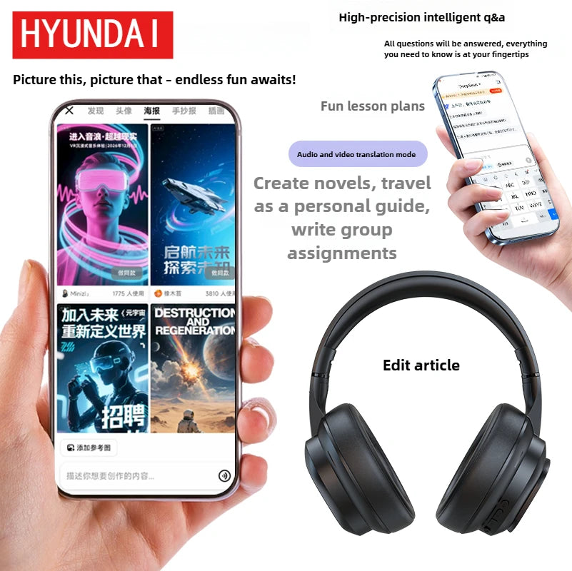 HYUNDAI X1PRO Bluetooth 6.0 Headphone,With Magnetic Touch Control LED Screen,AI Wireless Translation Earphones,100+ Languages