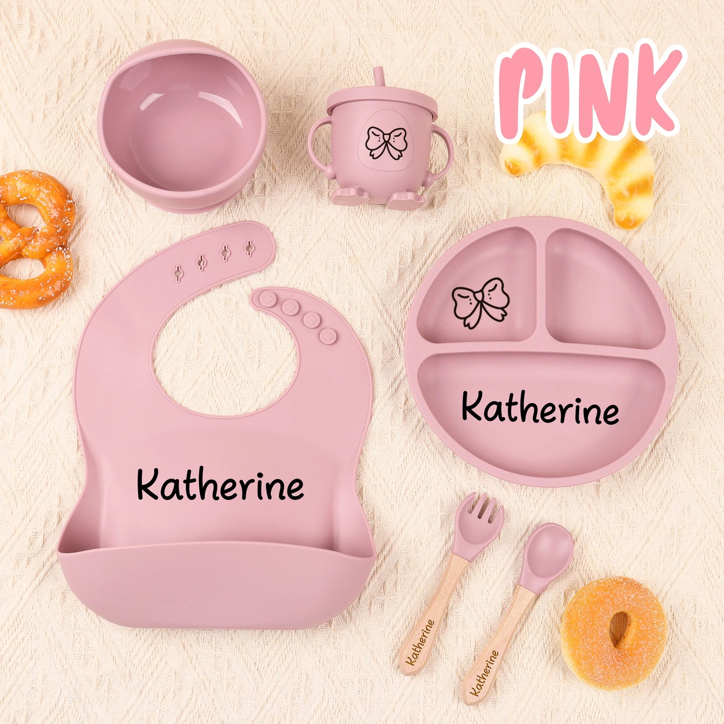 6pcs Custom Silicone Weaning Set - Baby Feeding Set With Name, Cartoon Weaning Set for Toddler Baby Kids, Feeding Set, Baby Show