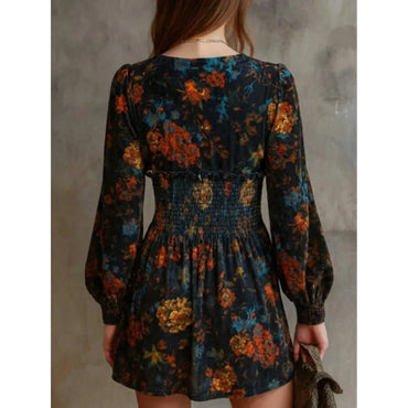 【New style】Womens Boho Vintage Floral A Line Short Dress Deep V Neck Long Bishop Sleeve Casual Party Dress With Shirred Details