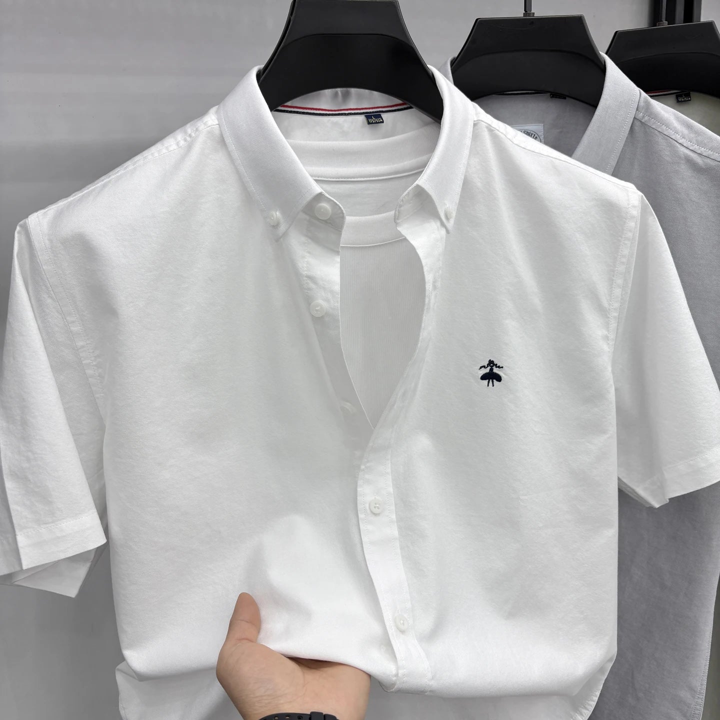Summer Short Sleeve Shirt Men's Slim Fit Half Sleeve Non-ironing Oxford Spinning Gray-Blue Plaid Business Casual Shirt