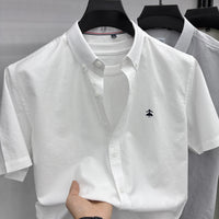 Summer Short Sleeve Shirt Men's Slim Fit Half Sleeve Non-ironing Oxford Spinning Gray-Blue Plaid Business Casual Shirt