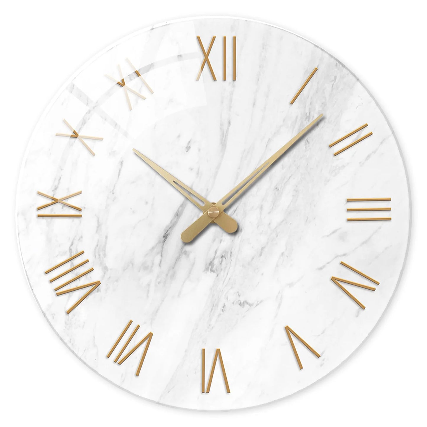 1pc 12 inch tempered glass wall clock, modern simple white marble texture gold Roman numerals design wall clock, home mute clock