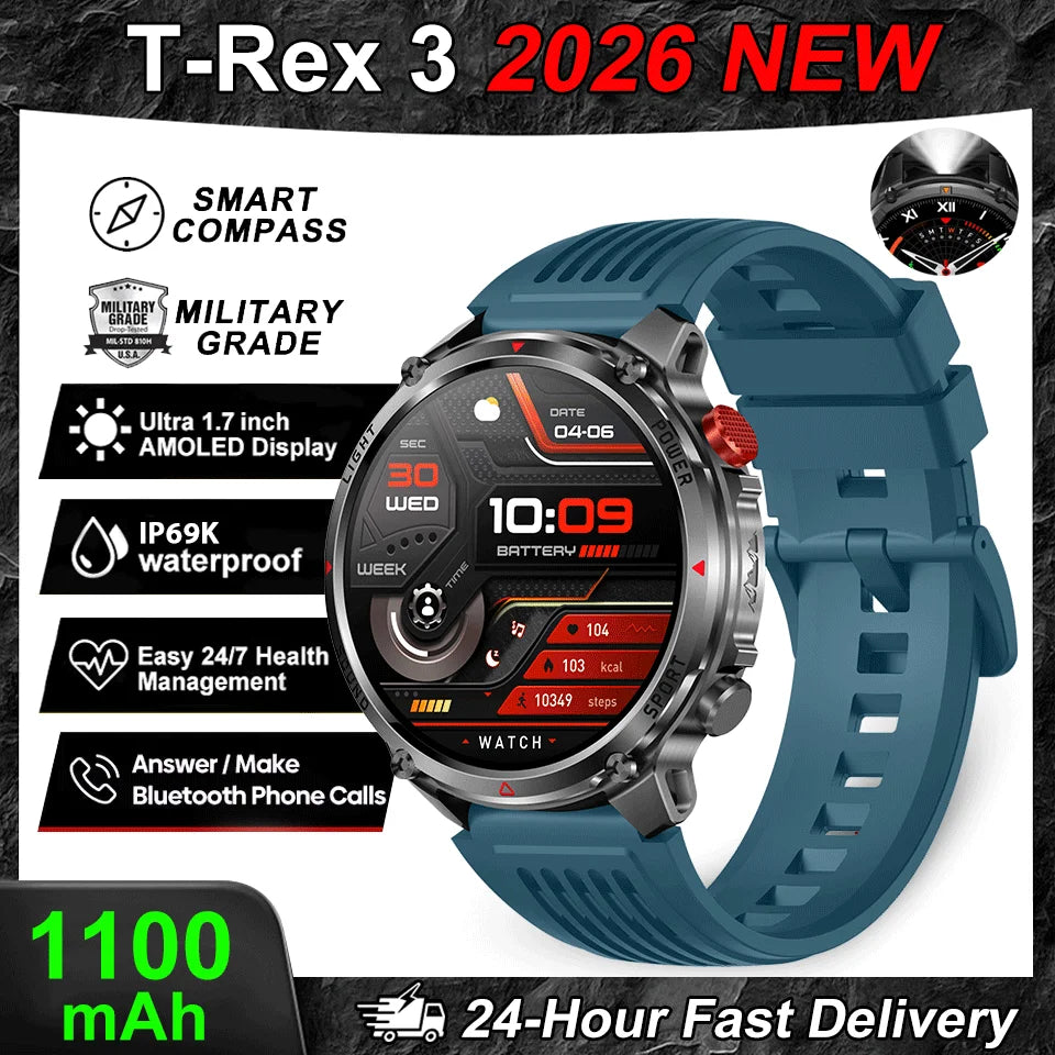 2026 New T-Rex3 Pro GPS Tracker 1100mAh Smartwatch Men 120-Day Standby Clock Rugged Outdoor Sport 10ATM Waterproof Call Watches