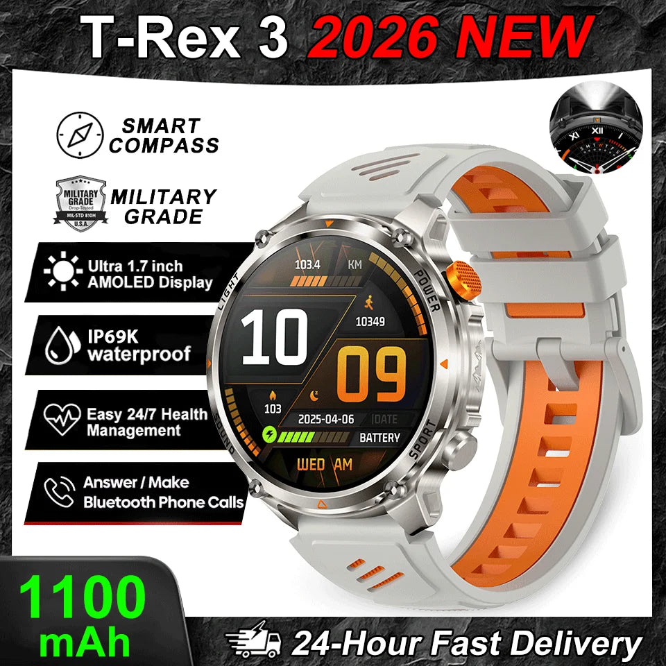 2026 New T-Rex3 Pro GPS Tracker 1100mAh Smartwatch Men 120-Day Standby Clock Rugged Outdoor Sport 10ATM Waterproof Call Watches