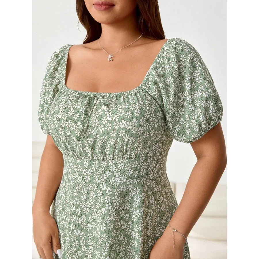 【New style】Plus Size Women's Daisy Print Square Neck Puff Sleeve Tie Front Fashion Dress, Spring/Summer, Carnival Women Look 20