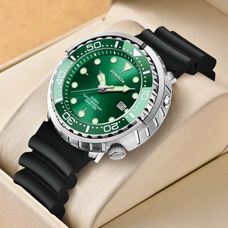 FOXBOX Mens Watches 5ATM Sports Waterproof Quartz Wristwatch Luminous Clock with Steel Bezel Watch for Men Male Clock+Watch Box