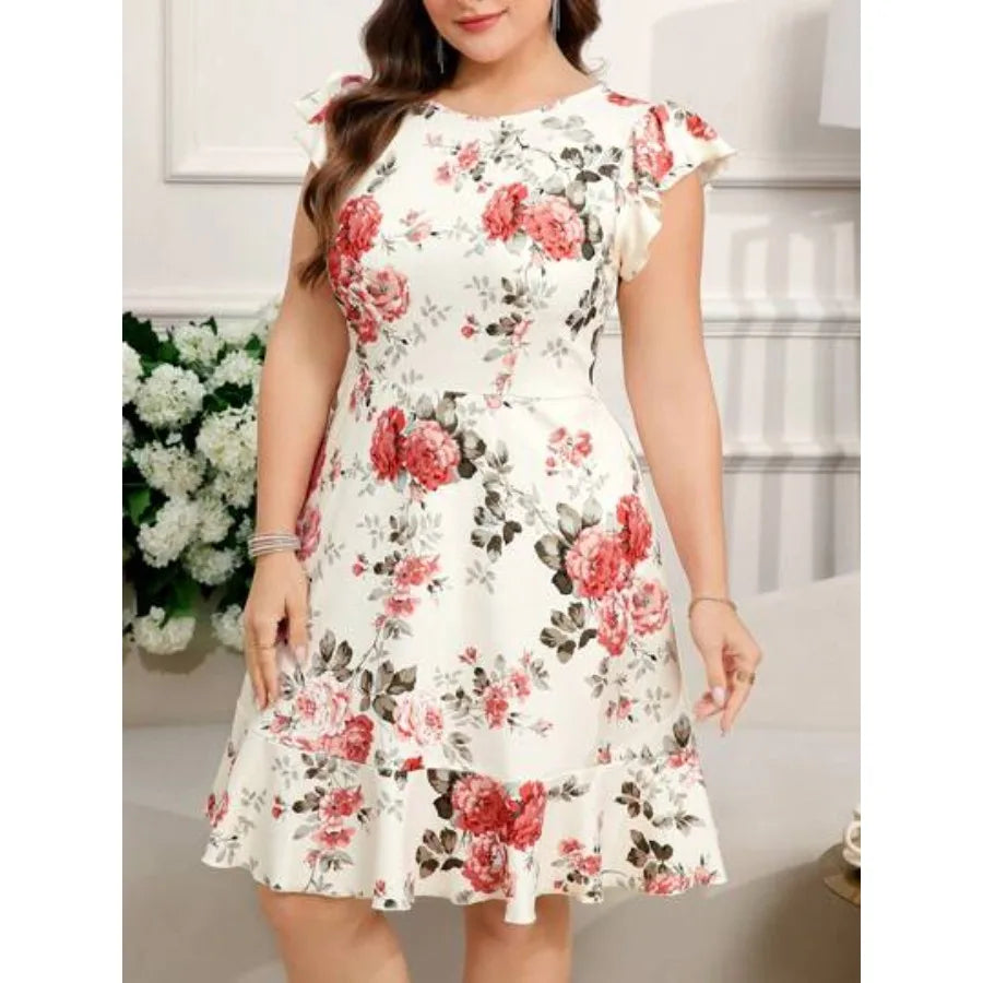 【New style】Plus Size Women Elegant Floral Print Peplum Hem Cap Sleeve Fitted Dress, Wedding Guest Dress Women, Summer Dresses F