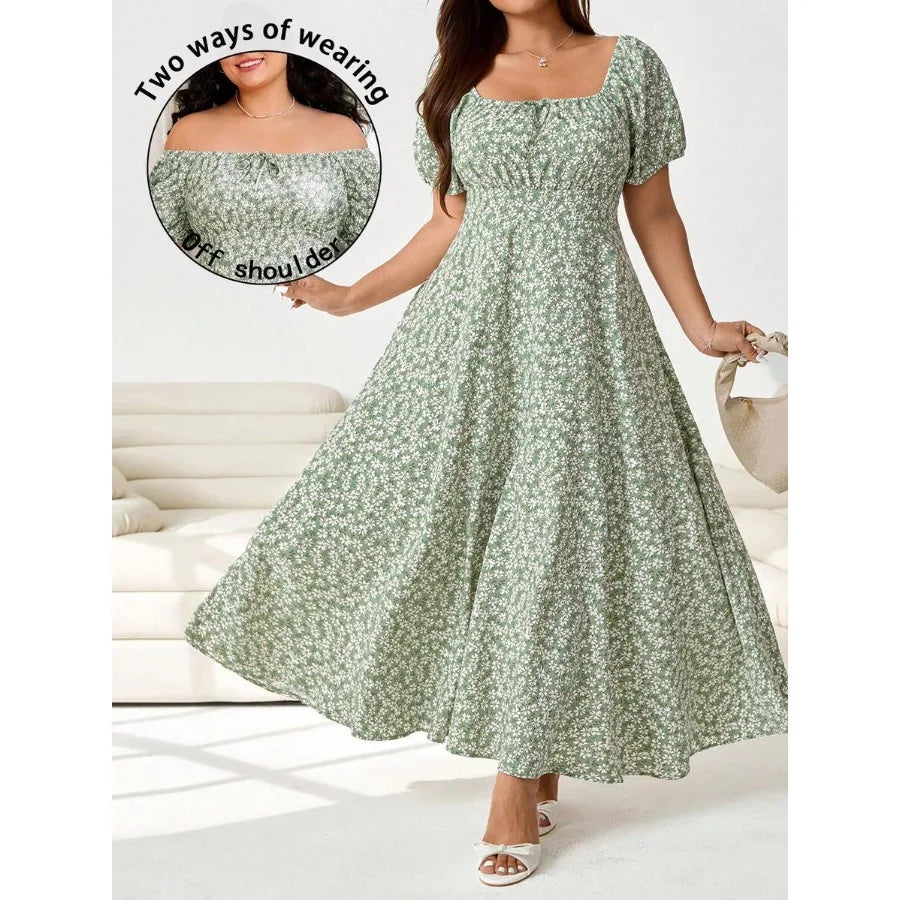 【New style】Plus Size Women's Daisy Print Square Neck Puff Sleeve Tie Front Fashion Dress, Spring/Summer, Carnival Women Look 20