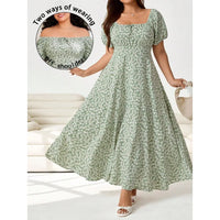 【New style】Plus Size Women's Daisy Print Square Neck Puff Sleeve Tie Front Fashion Dress, Spring/Summer, Carnival Women Look 20