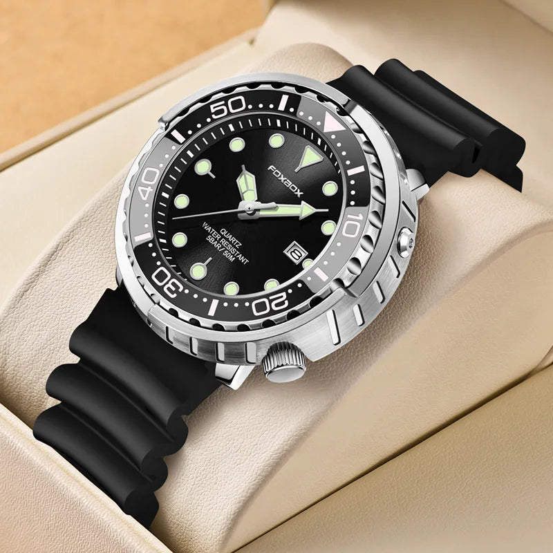 FOXBOX Mens Watches 5ATM Sports Waterproof Quartz Wristwatch Luminous Clock with Steel Bezel Watch for Men Male Clock+Watch Box
