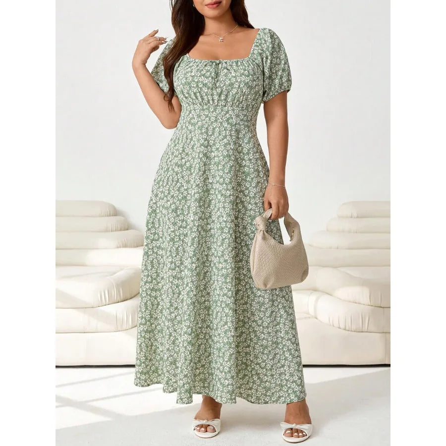 【New style】Plus Size Women's Daisy Print Square Neck Puff Sleeve Tie Front Fashion Dress, Spring/Summer, Carnival Women Look 20