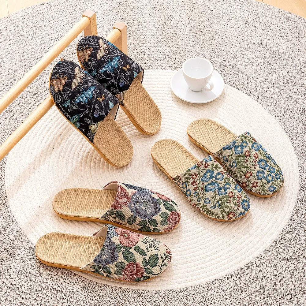 Summer New Fabric Linen Home Shoes For Women Indoor Breathable Soft Sole Comfortable Floor Sandals