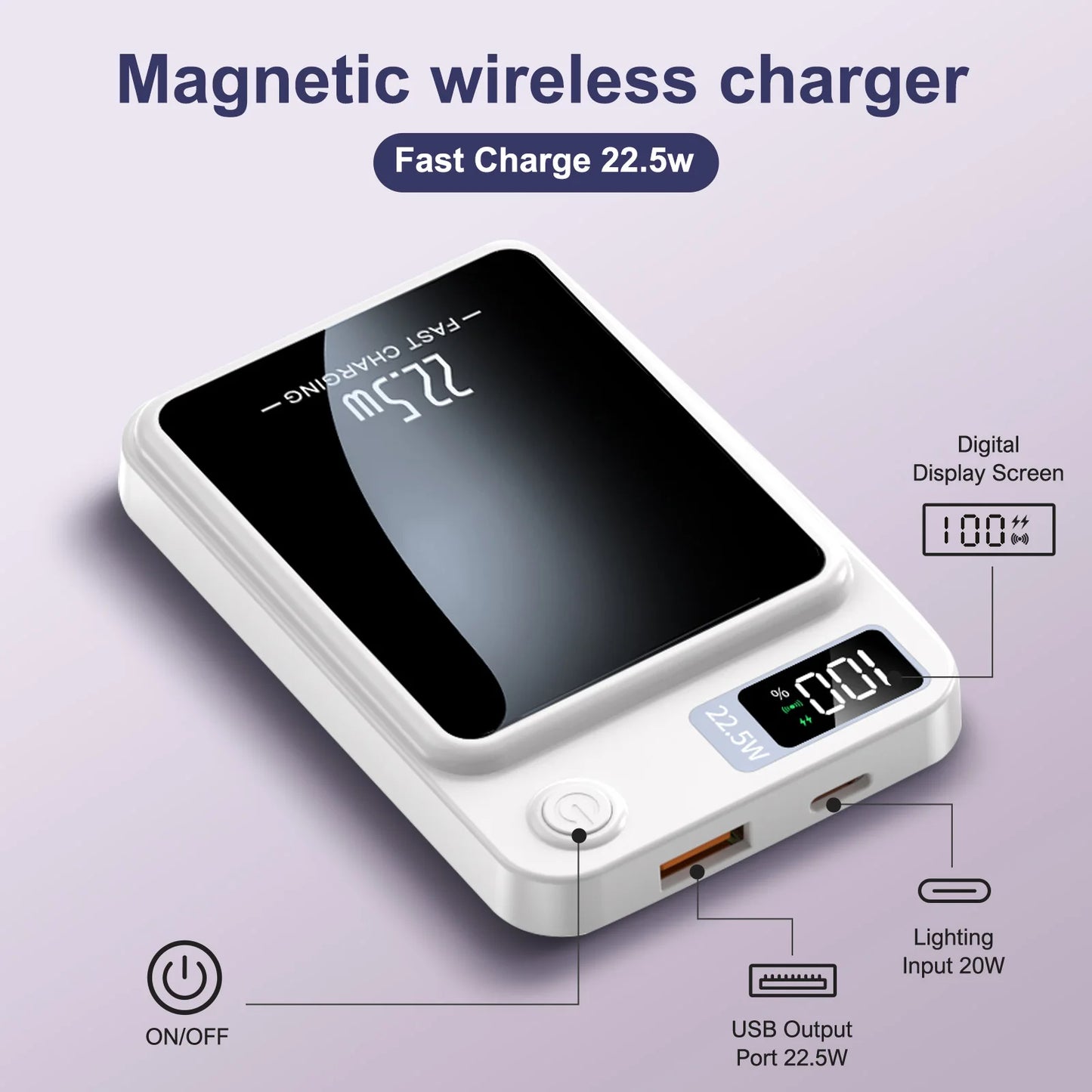 10000mAh Magnetic Wireless Power Bank PD22.5W Fast Charging Portable External Battery Adapter For Magsafe iPhone Huawei Samsung