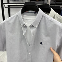 Summer Short Sleeve Shirt Men's Slim Fit Half Sleeve Non-ironing Oxford Spinning Gray-Blue Plaid Business Casual Shirt
